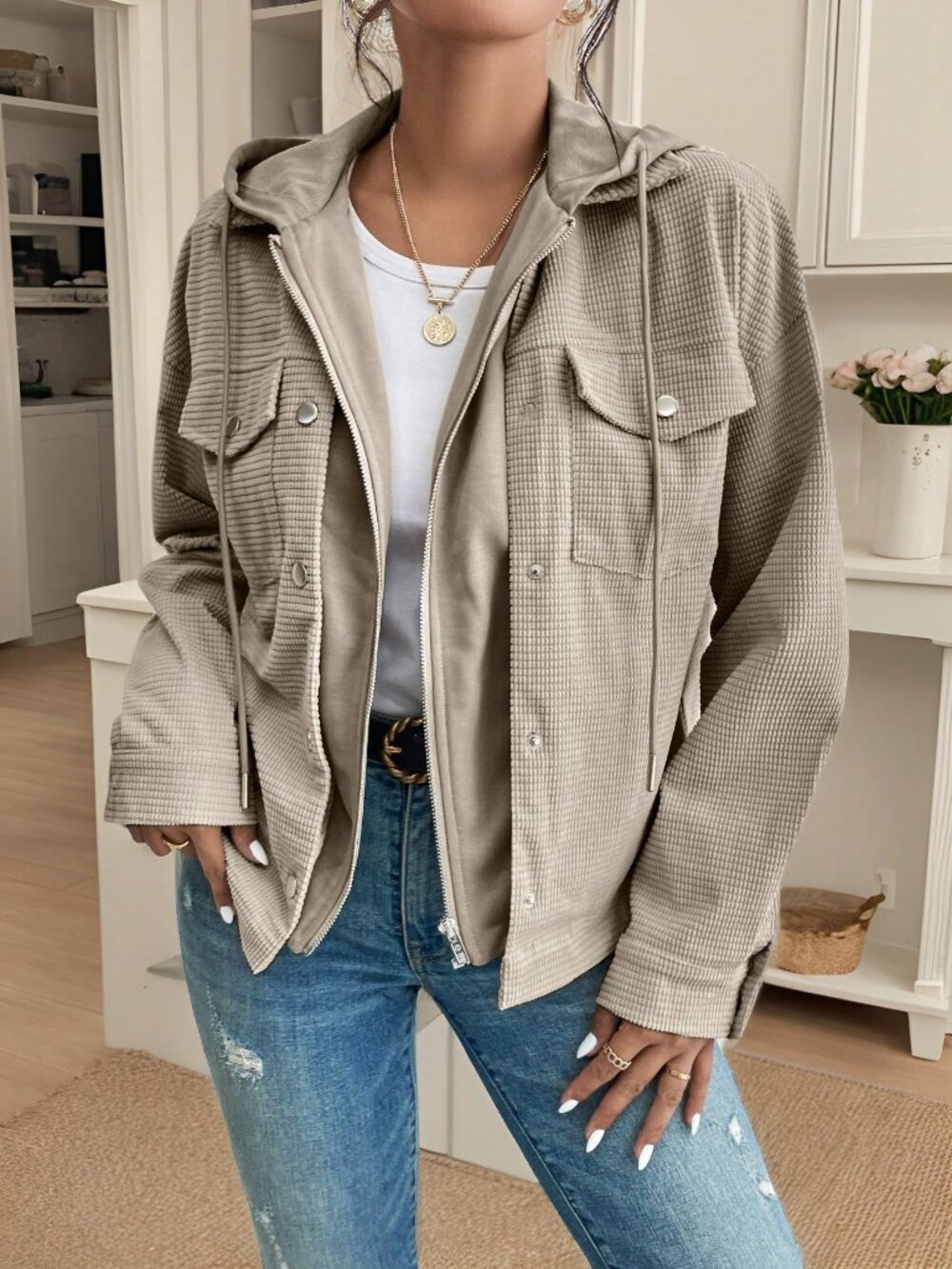Light Grey Casual Women's Drop Shoulder Hooded Corduroy Jacket - Picture 4 of 6